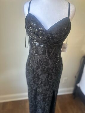 BLONDIE NITES Black Sequin Lace Evening Gown with Spaghetti Straps